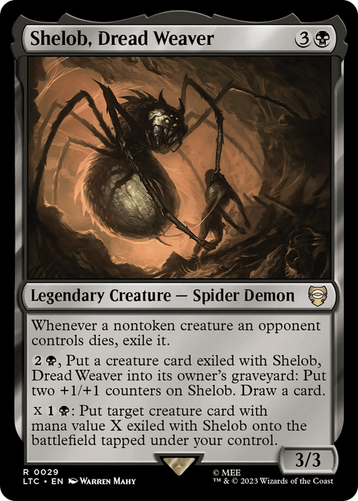 An image of the Magic: The Gathering card "Shelob, Dread Weaver [The Lord of the Rings: Tales of Middle-Earth Commander]," a Legendary Creature from The Lord of the Rings. It depicts a Spider Demon in a dark cave, poised menacingly. The card text details its abilities, including exiling opponent creatures and putting counters on Shelob. The card has 3/3 power and toughness.