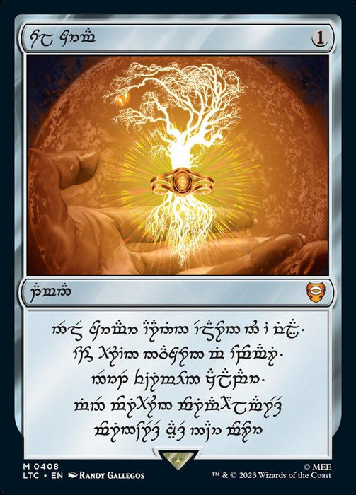 A Magic: The Gathering card titled "Sol Ring (408) (Elven)" from the Tales of Middle-Earth Commander set. The illustration features an ethereal tree and a glowing ring in the foreground, surrounded by radiant, mystical light. Ancient script is detailed across the bottom half of this Mythic Artifact card within a text box.