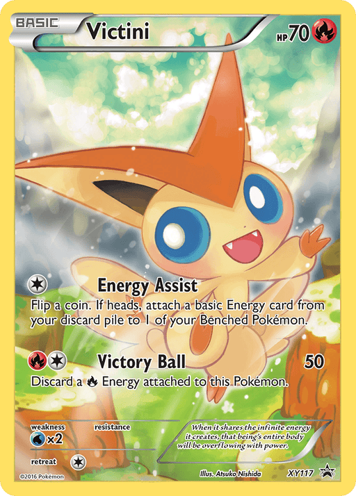 A Pokémon Victini (XY117) [XY: Black Star Promos] trading card featuring Victini. It is a small, orange, rabbit-like creature with large, pointed ears and blue eyes. The Fire-type card shows its moves: Energy Assist and Victory Ball. With 70 HP, a yellow border, and various icons indicating strengths, weaknesses, and retreat cost.