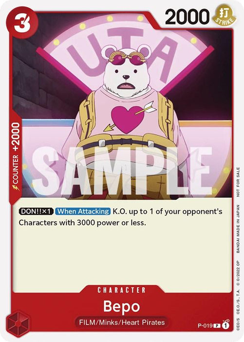 A trading card from the One Piece Card Game featuring Bepo, a white bear character from the "One Piece" series. Bepo stands with a serious expression against a pink and white background. The card has a red border and displays stats: "Cost 3," "Power 2000," and "+2000." The bottom reads "Character: Bepo (One Piece Film Red) [One Piece Promotion Cards]." This product is made by Bandai.