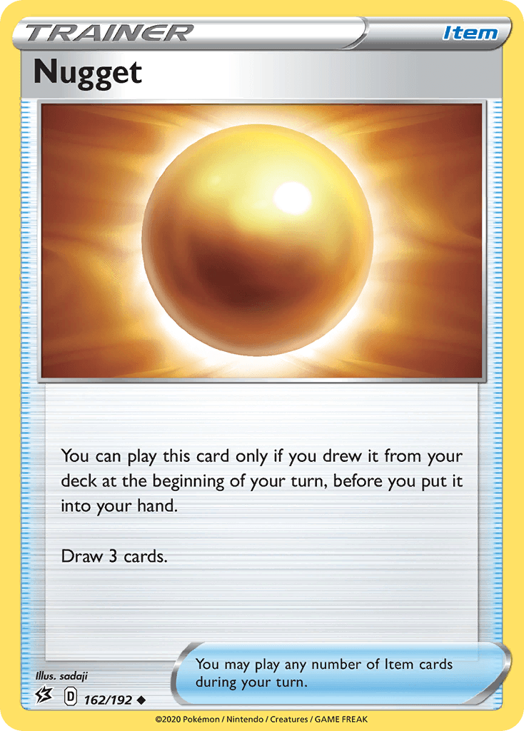 A [Pokémon] Nugget (162/192) [Sword & Shield: Rebel Clash] from the Sword & Shield Rebel Clash series under the Trainer and Item categories. It depicts a glowing golden nugget against a radiant background. The card's text allows it to be played if drawn at the turn's start to draw three additional cards. Illustrated by sadaji, it is numbered 162/192.