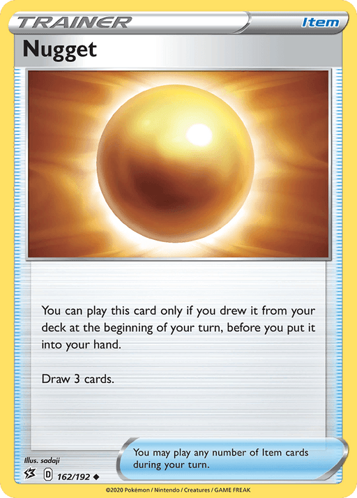 A [Pokémon] Nugget (162/192) [Sword & Shield: Rebel Clash] from the Sword & Shield Rebel Clash series under the Trainer and Item categories. It depicts a glowing golden nugget against a radiant background. The card's text allows it to be played if drawn at the turn's start to draw three additional cards. Illustrated by sadaji, it is numbered 162/192.