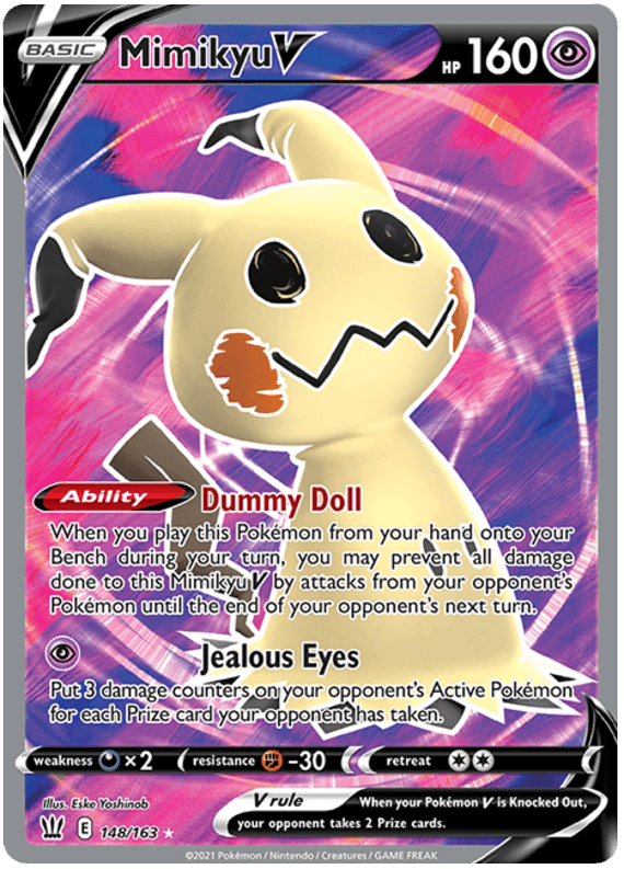 An image of an Ultra Rare Pokémon trading card featuring Mimikyu V (148/163) [Sword & Shield: Battle Styles] from the Pokémon brand. The card is labeled as a Basic Pokémon with 160 HP. Mimikyu's abilities include 