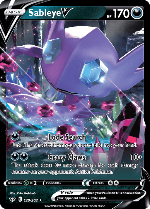 A Pokémon card depicting Sableye V (120/202) [Sword & Shield: Base Set], a purple creature with large gemstone eyes and crystals on its body from the Sword & Shield series. It boasts an HP of 170 and features two moves: "Lode Search" and "Crazy Claws." This Darkness type Ultra Rare card's bottom section includes its rarity, illustrator, and a description of the V rule.