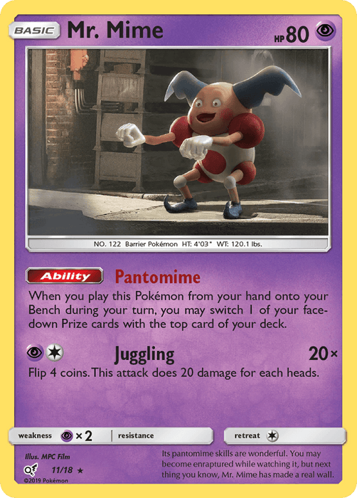 A **Pokémon** Holo Rare Pokémon trading card featuring **Mr. Mime (11/18) [Sun & Moon: Detective Pikachu]**. It has 80 HP and is a Psychic type. Its Ability is "Pantomime," allowing prize card switching. The move "Juggling" does 20x damage with 4 coin flips. Weakness is Psychic. The card number is 11/18, showing Mr. Mime performing a mime