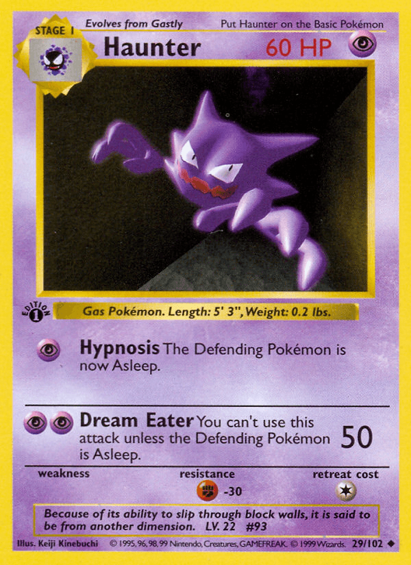 The image features a Pokémon Base Set 1st Edition Haunter (29/102) Shadowless card. This uncommon psychic-type, shown as a purple ghost with red eyes, has 60 HP and moves like 