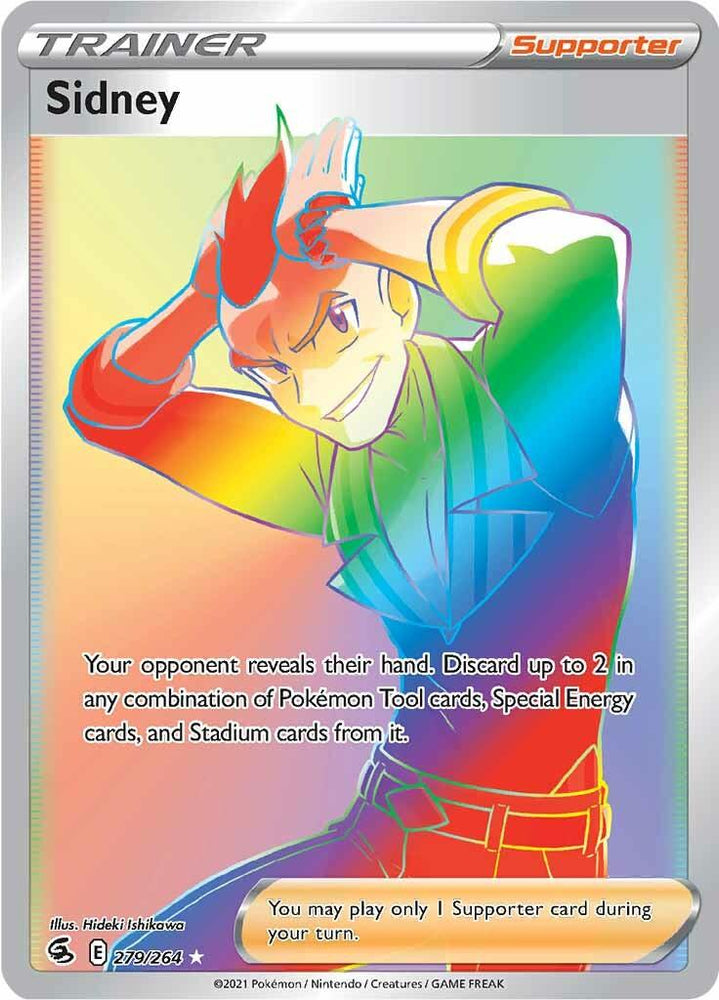 A Pokémon Trading Card called "Sidney (279/264) [Sword & Shield: Fusion Strike]" features the "Secret Rare" Sidney with a vibrant holographic background. Sidney is depicted with spiky hair, wearing a confident expression and combing through his hair. The card includes game instructions, labeled as a "Supporter" Trainer card from the Sword & Shield: Fusion Strike series.