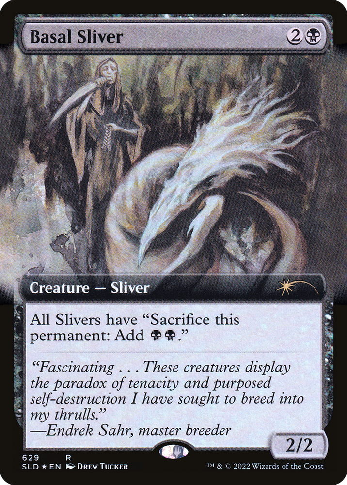 The "Basal Sliver (Extended Art)" card from Magic: The Gathering's Secret Lair Drop Promos features a mystical Sliver Creature illustrated with elongated traits and tattered garments, exuding an ethereal presence. Its text details the creature's abilities along with a quote from Endrek Sahr about tenacity and self-destruction, underscoring its Rare Rarity.