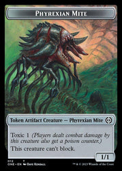 A Rebel // Phyrexian Mite (012) Double-Sided Token [Phyrexia: All Will Be One Tokens] is depicted in this Magic: The Gathering token card from the Phyrexia: All Will Be One Tokens series. It has a menacing, insect-like appearance with sharp limbs and a segmented body. The card text reads, "Toxic 1 (Players dealt combat damage by this creature also get a poison counter.) This creature can't block." It