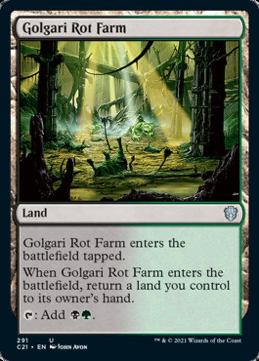 A Magic: The Gathering product named "Golgari Rot Farm [Commander 2021]" from Magic: The Gathering. This Uncommon Land features an image of a dark, overgrown swamp with decayed structures and glowing green lights. The text reads: "Golgari Rot Farm enters the battlefield tapped. When Golgari Rot Farm enters the battlefield, return a land you control to its owner's hand. Tap:
