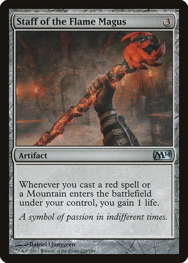 Magic: The Gathering's "Staff of the Flame Magus" [Magic 2014] features a hand gripping an intense fiery red artifact staff against a dim stone backdrop, granting life gain when casting red spells or playing Mountain cards.