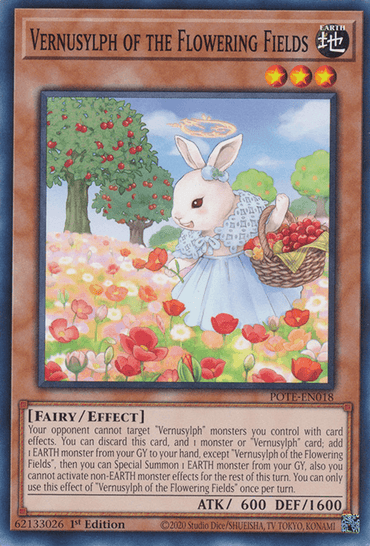 A Yu-Gi-Oh! card titled "Vernusylph of the Flowering Fields [POTE-EN018] Common," showcasing an illustrated EARTH monster that looks like a white rabbit dressed in a pink outfit and holding a basket of flowers. The background depicts a vibrant field full of blooming flowers and lush green trees, with the card text and stats visible below the artwork.