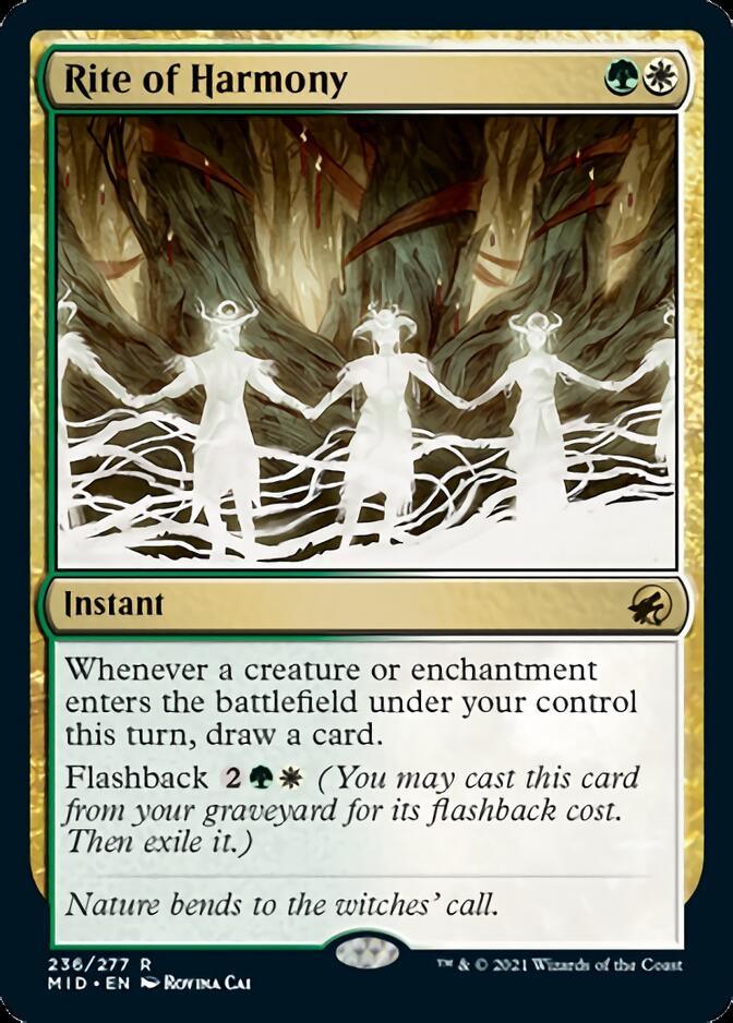 A Rite of Harmony [Innistrad: Midnight Hunt] Magic: The Gathering card. It depicts four ghostly, white, glowing figures holding hands in a forest, forming a glowing circle. The card border is green and white. This rare instant allows drawing cards and has a flashback cost. Flavor text reads: 