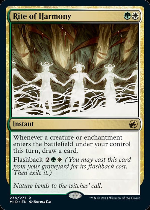 A Rite of Harmony [Innistrad: Midnight Hunt] Magic: The Gathering card. It depicts four ghostly, white, glowing figures holding hands in a forest, forming a glowing circle. The card border is green and white. This rare instant allows drawing cards and has a flashback cost. Flavor text reads: "Nature bends to the witches' call.