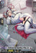 An image from Bushiroad's Brandt Gate series depicts a card titled "An Afternoon Nap Regardless of Place, Eva (D-BT05/SP32EN) [Triumphant Return of the Brave Heroes]." In the illustration, Eva wears a white outfit complemented by cat ear headbands and rests on a bed surrounded by books and pillows, with magical symbols floating above her. The card showcases game statistics, such as power, critical values, and other abilities.