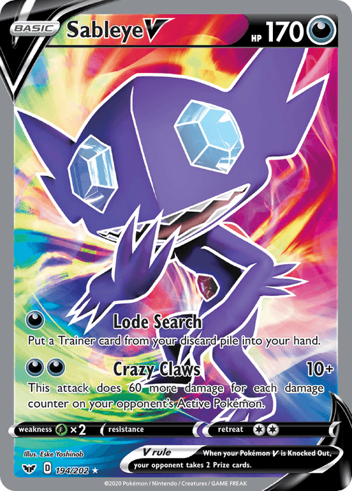 The image shows a Pokémon card from the Sword & Shield series featuring Sableye V (194/202) [Sword & Shield: Base Set], a Basic Pokémon with 170 HP. The Ultra Rare card showcases dynamic, colorful artwork of Sableye with gem-like eyes. It details two moves: "Lode Search" and "Crazy Claws." Illustrator: Eiko Yoshida. Card number: 194/202.
