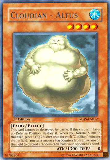 A Yu-Gi-Oh! trading card titled "Cloudian - Altus [GLAS-EN012] Rare" from the Gladiator's Assault series. The card features an illustration of a large, cloudy, and chubby humanoid figure with a jolly expression. This Water attribute Effect Monster has 1300 ATK and 0 DEF and can generate Fog Counters. Its ID is GLAS-EN012.