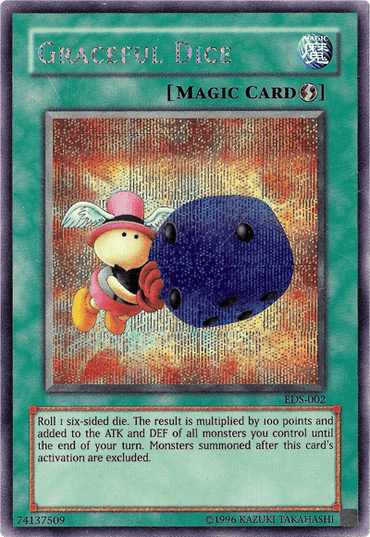 An image of the "Graceful Dice [EDS-002] Secret Rare" Yu-Gi-Oh! card from the Eternal Duelist Soul set. The Secret Rare card features a cartoonish winged dice creature holding a large blue die while flying against a colorful background. The card's text details an effect involving rolling a six-sided die to modify attack and defense points of monsters.