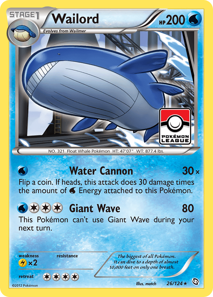 The image features a Holo Rare Pokémon card of Wailord, labeled as Wailord (26/124) from the Black & White: Dragons Exalted series by Pokémon. It displays a sizable blue whale-like creature with 200 HP and highlights its Water Cannon and Giant Wave attacks, marking it as a Water type. A Pokémon League stamp is prominently visible in the lower right corner.