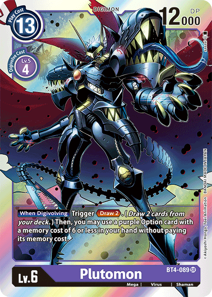 This Super Rare Digimon trading card from the Great Legend series highlights Plutomon, a dark and armored creature featuring a horned helmet with glowing details. As a Level 6 Mega Virus Shaman, it boasts a Play Cost of 13 and has 12,000 DP, with the special ability to draw two cards using its "When Digivolving" skill. This card is identified as number BT4-089.