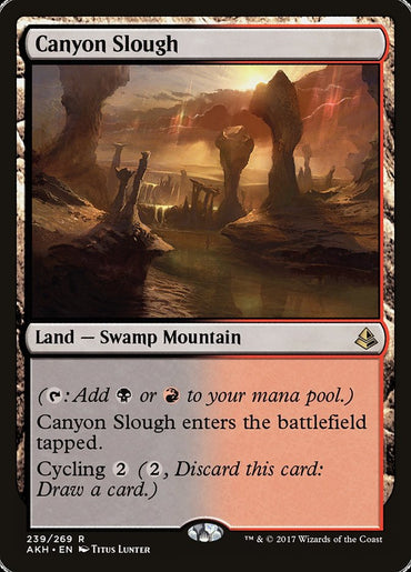 A Magic: The Gathering card named "Canyon Slough [Amonkhet]" from the Amonkhet set. This rare land card has the subtype "Swamp Mountain." The artwork depicts a rocky landscape with glowing pools of lava. The card text reads: "(Tap: Add Black or Red to your mana pool.) Canyon Slough enters the battlefield tapped. Cycling 2.