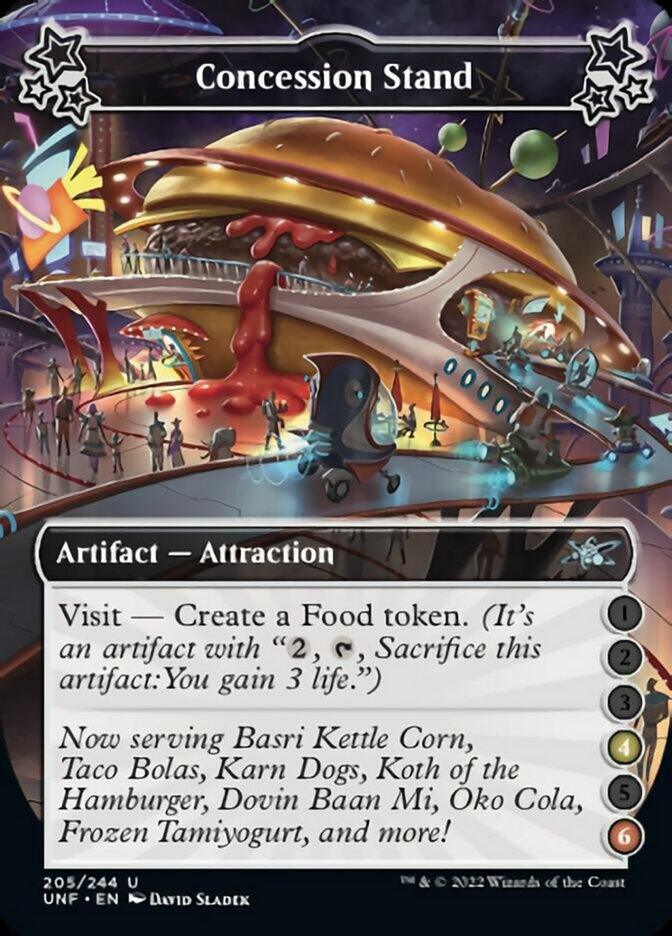 The image showcases the "Concession Stand (4-6)" card from Magic: The Gathering's Unfinity set. This Artifact Attraction is illustrated with a lively sci-fi concession stand. The card's text outlines its abilities to create Food tokens and humorously lists fantastical food items on its menu.