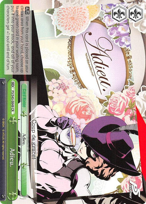 A "Climax Rare" card titled "Adieu. (P5/S45-E049 CR) [Persona 5]" from Bushiroad features an illustration of a person in a hat and suit sipping tea. The text includes instructions and a description of the card's effect. The background has floral patterns, icons in the corners, and the card is displayed vertically.