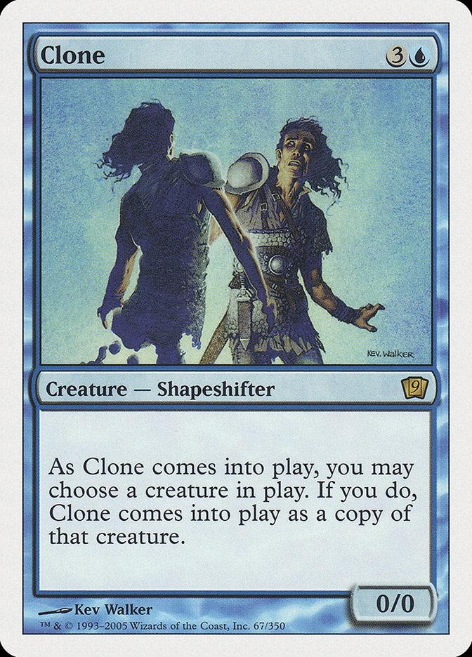 The Magic: The Gathering card "Clone [Ninth Edition]" depicts a blue silhouette in front of an armored warrior. This blue-framed, water-associated creature-shapeshifter has a power/toughness of 0/0 and can copy another creature when it enters play. It costs 3 generic and 1 blue mana to cast.