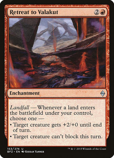 The Magic: The Gathering card 'Retreat to Valakut [Battle for Zendikar]' is a red-bordered enchantment that costs 2 red mana and 1 colorless mana. Illustrated by Kieran Yanner, it showcases a volcanic landscape. Its Landfall ability allows you to either give a creature +2/+0 until end of turn or make a target creature unable to block this turn.