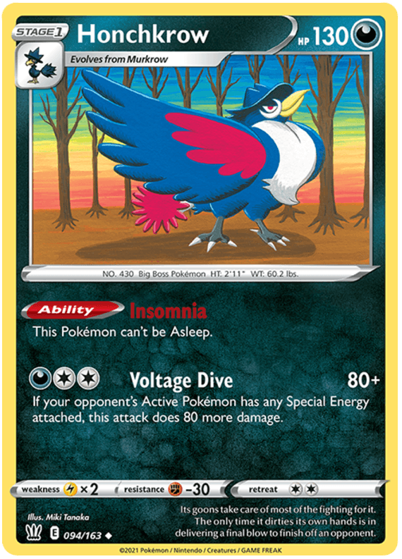 The image is a Pokémon trading card for Honchkrow (094/163) [Sword & Shield: Battle Styles] from the Pokémon series. The card features an illustration of Honchkrow, a large, dark-colored bird-like Pokémon with a hat-like crest, white beak, and chest feathers, set against a sunset landscape. The card lists Honchkrow's Darkness abilities, stats, and an attack called Voltage Dive.