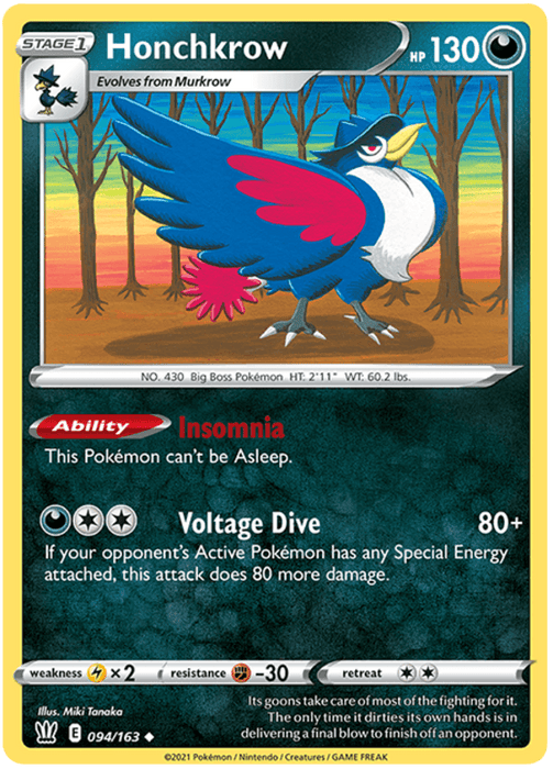 The image is a Pokémon trading card for Honchkrow (094/163) [Sword & Shield: Battle Styles] from the Pokémon series. The card features an illustration of Honchkrow, a large, dark-colored bird-like Pokémon with a hat-like crest, white beak, and chest feathers, set against a sunset landscape. The card lists Honchkrow's Darkness abilities, stats, and an attack called Voltage Dive.