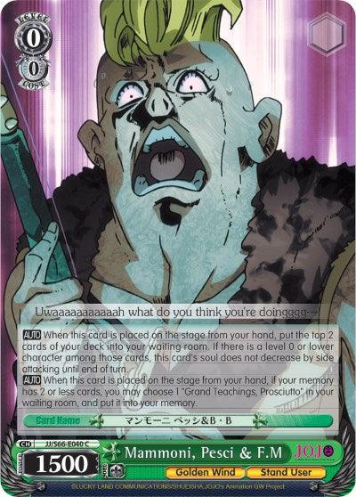 A Character Card titled "Mammoni, Pesci & F.M (JJ/S66-E040 C) [JoJo's Bizarre Adventure: Golden Wind]" from Bushiroad features an animated character with light green hair styled in a mohawk, looking shocked and screaming. The card displays various stats, abilities, and descriptions in English and Japanese with colorful borders and text.