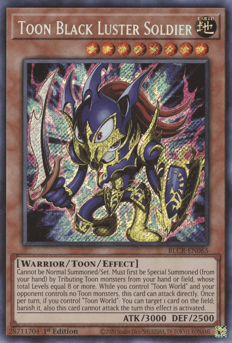A Yu-Gi-Oh! Secret Rare card named "Toon Black Luster Soldier [BLCR-EN065]." It features a fantastical, armored warrior with a dark, menacing appearance, wielding a sword. This Toon/Effect Monster has Earth attributes and details its summoning conditions in Toon World, effects, and ATK/DEF stats (3000/2500).