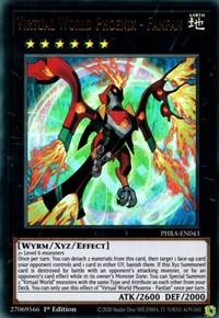 A Yu-Gi-Oh! trading card from the Phantom Rage set featuring "Virtual World Phoenix - Fanfan [PHRA-EN043] Ultra Rare." The Xyz/Effect Monster depicts a red, black, and gold robotic phoenix with outstretched wings, surrounded by a glowing green aura. It boasts 2600 ATK, 2000 DEF, and requires 2 level 6 monsters to summon.