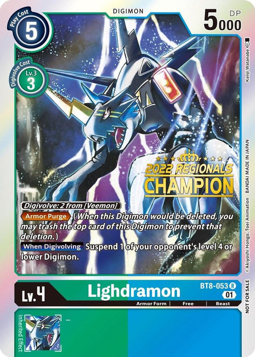 This rare Digimon card, Lighdramon [BT8-053], is from the 2022 Championship Offline Regional and Online Champion series under the New Awakening Promos. It features a blue and green border, with detailed text and graphics showcasing a dragon-like creature that has an armor purge ability. The card bears a "2022 REGIONALS CHAMPION" label, with stats including Level 4, 5000 DP, and play/cost indicators positioned at the top-left corner.
