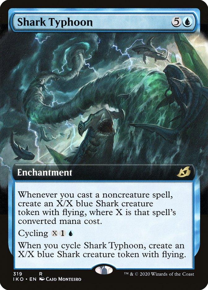 A Magic: The Gathering card from Ikoria: Lair of Behemoths, "Shark Typhoon (Extended Art)," costs five generic mana and one blue mana to cast. The art features a stormy ocean with a whirlwind of sharks. It creates X/X flying Shark creature tokens and has a cycling ability for X and one blue mana, also creating flying Shark tokens.