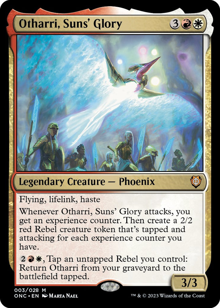 Magic: The Gathering card of a phoenix named "Otharri, Suns' Glory [Phyrexia: All Will Be One Commander]." This Legendary Creature depicts a majestic, fiery phoenix soaring above a battlefield with soldiers. Text describes its abilities: flying, lifelink, haste, experience counter generation, creating Rebel creature tokens, and revival from the graveyard.