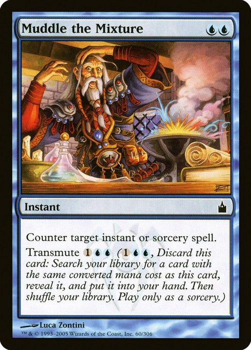 The image shows a Magic: The Gathering card titled "Muddle the Mixture [Ravnica: City of Guilds]" from the Magic: The Gathering set. This blue instant card, costing two blue mana, features an elderly wizard with a long white beard mixing a potion. It can counter a target instant or sorcery spell and allows Transmute for one blue and one black mana plus one additional mana.