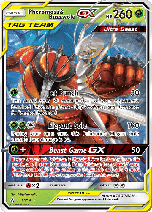 The image is a Pokémon trading card for the Pokémon "Pheromosa & Buzzwole GX (1/214) [Sun & Moon: Unbroken Bonds]" from the Pokémon brand. The card features artwork of two insect-like creatures with a metallic appearance and includes stats, attacks like "Jet Punch," "Elegant Sole," and "Beast Game GX.