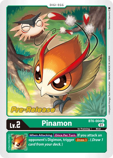 The Pinamon card from the Digimon Double Diamond Pre-Release set is a Digi-Egg card, designated as BT6-004, showcasing a bird-like creature with large eyes, orange and brown feathers, and a red crest. The level 2 card includes unique attack abilities such as 