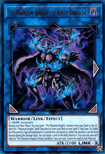 A Yu-Gi-Oh! Ultra Rare card titled "The Phantom Knights of Rusty Bardiche [LEHD-ENC00] Ultra Rare" features a warrior surrounded by blue and purple flames, wielding a large, glowing bardiche. The dark background crackles with electric energy. This card belongs to the Legendary Hero Decks series and details its attributes, link rating, and special effects.