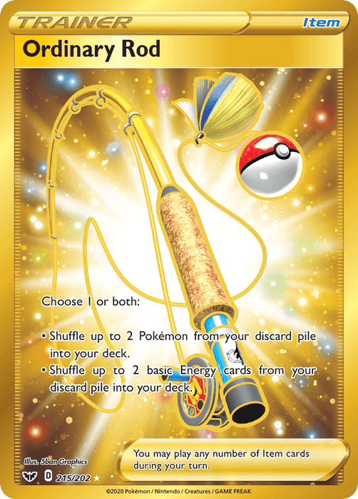 A Pokémon trading card titled "Ordinary Rod (215/202) [Sword & Shield: Base Set]" from the Pokémon series. The card features an image of a fishing rod with a golden coil and a Poké Ball float. The background is golden with sparkling stars. Its text details abilities: shuffling up to 2 Pokémon or 2 basic Energy cards from the discard pile into the deck.