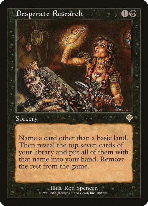 A rare Magic: The Gathering card titled "Desperate Research [Invasion]" depicts a person holding a lit candle in one hand, seemingly under duress. The text reads: "Name a card other than a basic land. Then reveal the top seven cards of your library and put all of them with that name into your hand. Remove the rest from the game." This black sorcery spell from the Magic: The Gathering series.