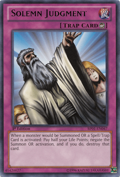 The "Solemn Judgment [BP01-EN047] Rare" card from Yu-Gi-Oh! depicts a bearded man amid radiant light and angels. This Counter Trap lets you negate Summons or activations by paying half your Life Points.