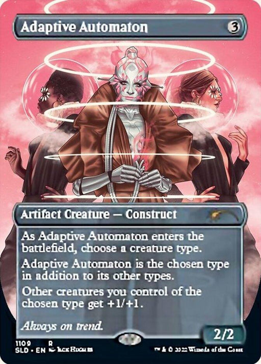 A Magic: The Gathering card titled "Adaptive Automaton (Borderless) [Secret Lair Drop Series]," part of Magic: The Gathering. This artifact creature construct, costing 3 mana, depicts a futuristic humanoid robot amidst pink-hued smoke and two people in ceremonial attire. It grants a +1/+1 bonus to other creatures of its chosen type.