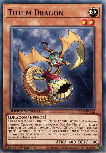 A Yu-Gi-Oh! trading card featuring Totem Dragon [SGX3-ENB12] Common. This Dragon-Type monster has a brown and gold body, red eyes, and expansive wings. It's an Earth-type Effect Monster with 400 ATK and 200 DEF. The text box details its special summoning conditions and abilities, perfect for Speed Duel GX.