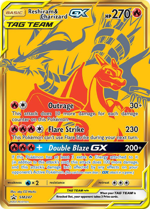 A Pokémon Reshiram & Charizard GX (SM247) [Sun & Moon: Black Star Promos] card from the Sun & Moon series. The card, labeled "Tag Team" and GX, showcases their combined attack capabilities, like "Outrage," "Flare Strike," and "Double Blaze GX." With 270 HP, this fire-themed Promo card displays Reshiram on the left and Charizard on the right.