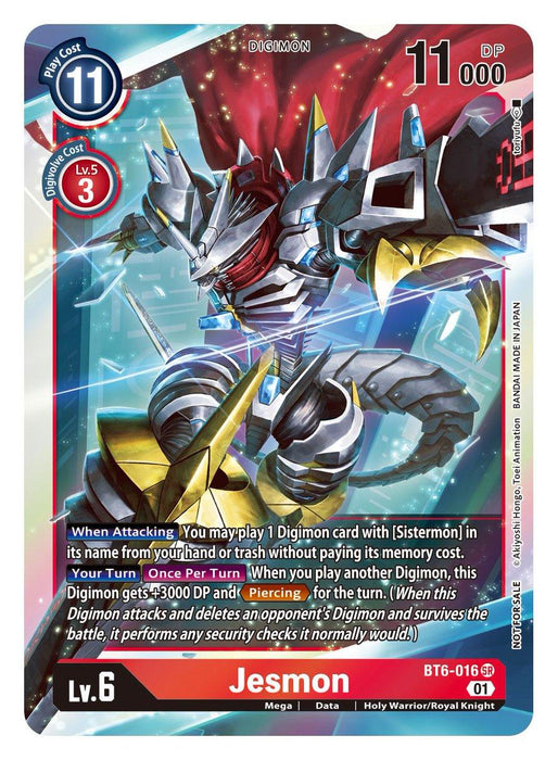 A Super Rare Digimon trading card featuring Jesmon [BT6-016] (Event Pack 2) [Double Diamond Promos], a Level 6 Digimon with 11,000 DP. Jesmon, depicted in metallic armor holding an energy-infused sword, boasts abilities such as playing "Sistermon" cards for free and granting an extra 3,000 DP and piercing effect. Part of the coveted Double Diamond Promos set.