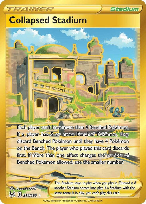 The image features a Pokémon product titled "Collapsed Stadium (215/196) [Sword & Shield: Lost Origin]." It depicts a ruined coliseum with crumbling walls and overgrown plants. The card text explains that players can’t have more than 4 Benched Pokémon and must discard excess ones if they have more.