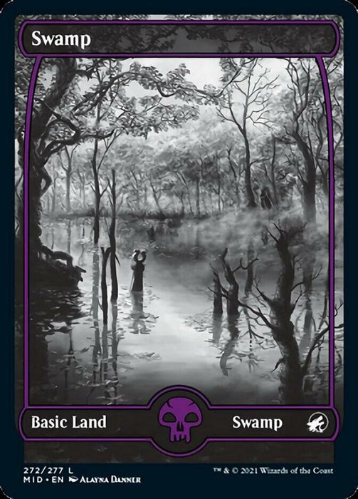 A **Magic: The Gathering** card titled "Swamp (272) [Innistrad: Midnight Hunt]." This card, from the Innistrad: Midnight Hunt set, depicts a dark, eerie swamp landscape with gnarled, leafless trees and mist rising from shallow waters. The atmosphere is foreboding and shrouded in fog. The black-framed card indicates a "Basic Land.